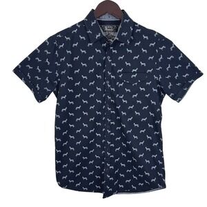 Navy Blue Zebra Print Short Sleeve Button Down Shirt Safari Zoo Eclectic Grandpa